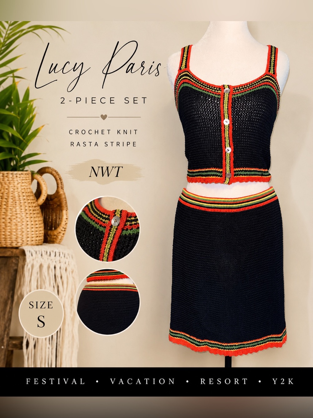 NWT Lucy Paris Crochet Knit 2-Piece Set Stripe Crop Tank & Midi Skirt Small